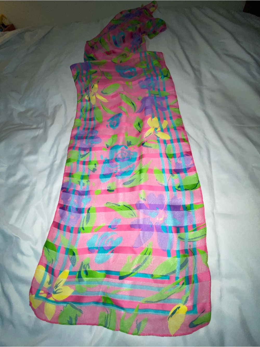 Pink Floral Sheer Scarf with Green and Blue Accents